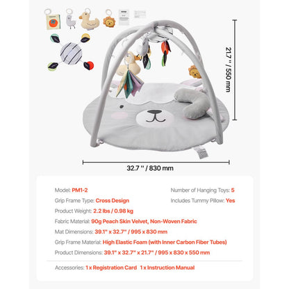 VEVOR Baby Play Gym Mat Tummy Time Activity Mat with 5 Sensory Toy 39.1" x 32.7"