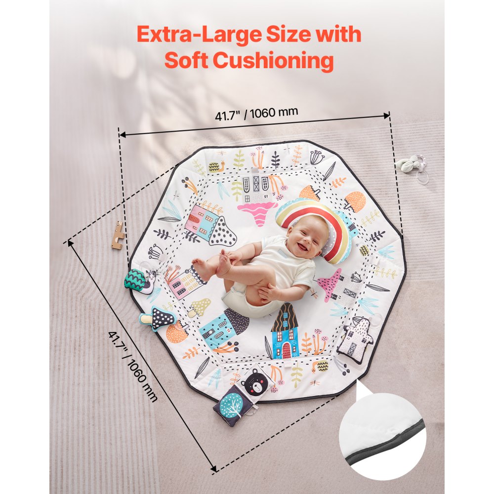 Baby Play Gym Mat Tummy Time Activity Mat with 6 Sensory Toy 41.7" x 41.7"