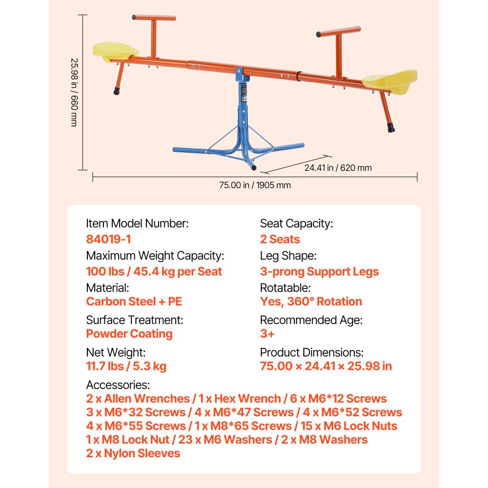 Kids Seesaw 45.4 kg Capacity 360 Degrees Rotating Teeter Totter Aged 3+