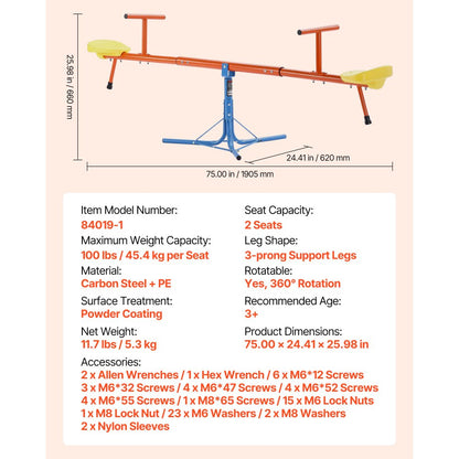 Kids Seesaw 45.4 kg Capacity 360 Degrees Rotating Teeter Totter Aged 3+