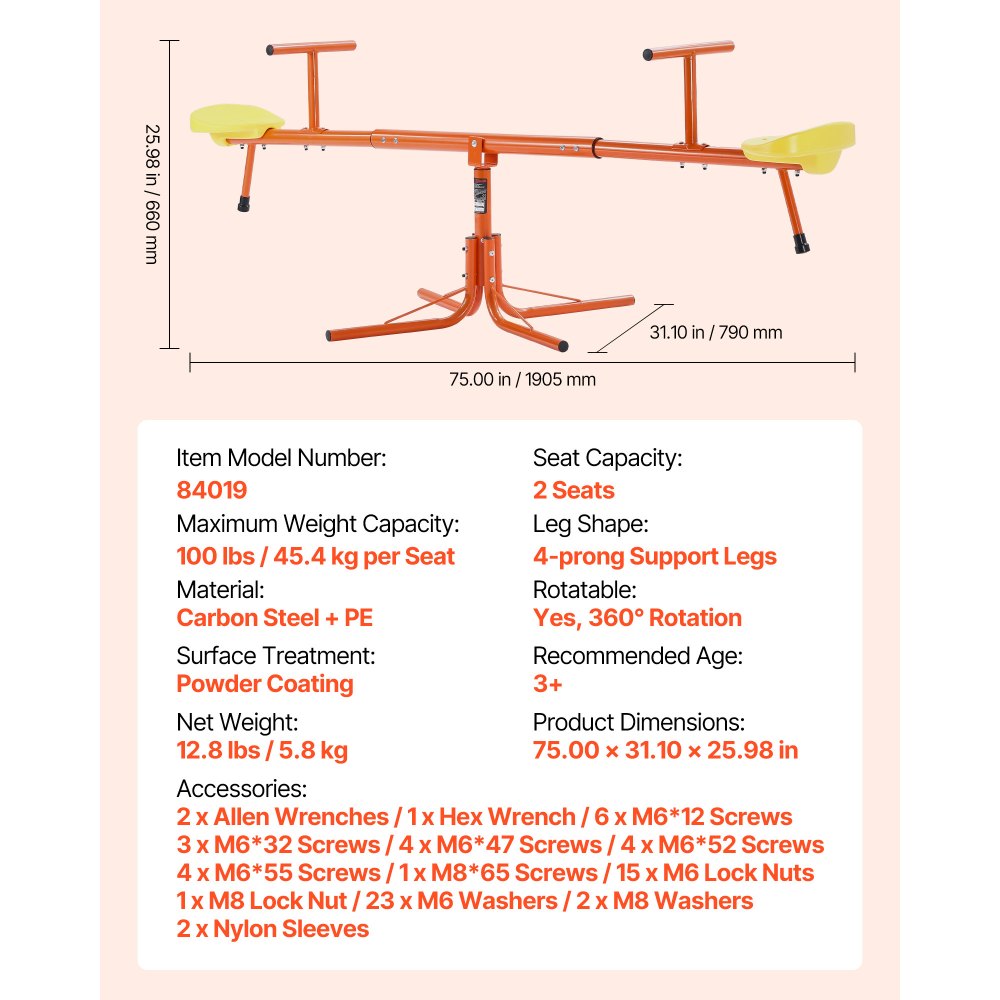 Kids Seesaw 45.4 kg Capacity Swiveling 360 Degrees Rotating Teeter Totter