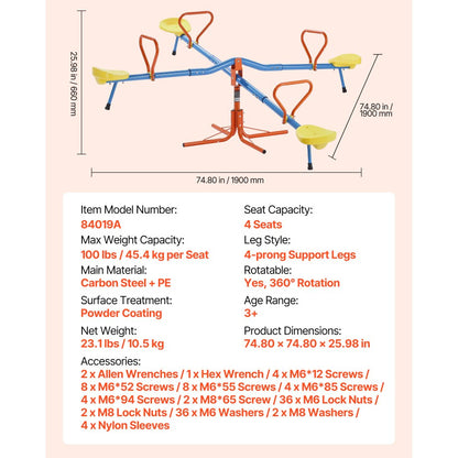 VEVOR 2-4 Kids Seesaw 49.9 kg Capacity 360 Degrees Rotating Teeter Totter Age 3+