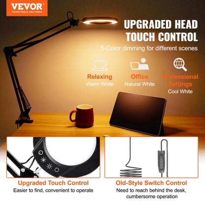 Adjustable LED Magnifying Lamp with 5X Glass Lens and Clamp, 0.85 kg