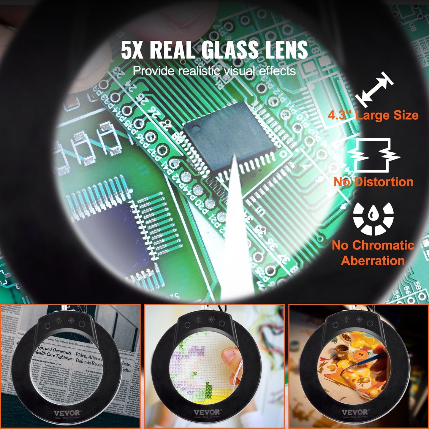 Adjustable LED Magnifying Lamp with 5X Glass Lens and Clamp, 0.85 kg