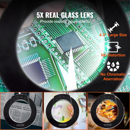 Adjustable LED Magnifying Lamp with 5X Glass Lens and Clamp, 0.85 kg