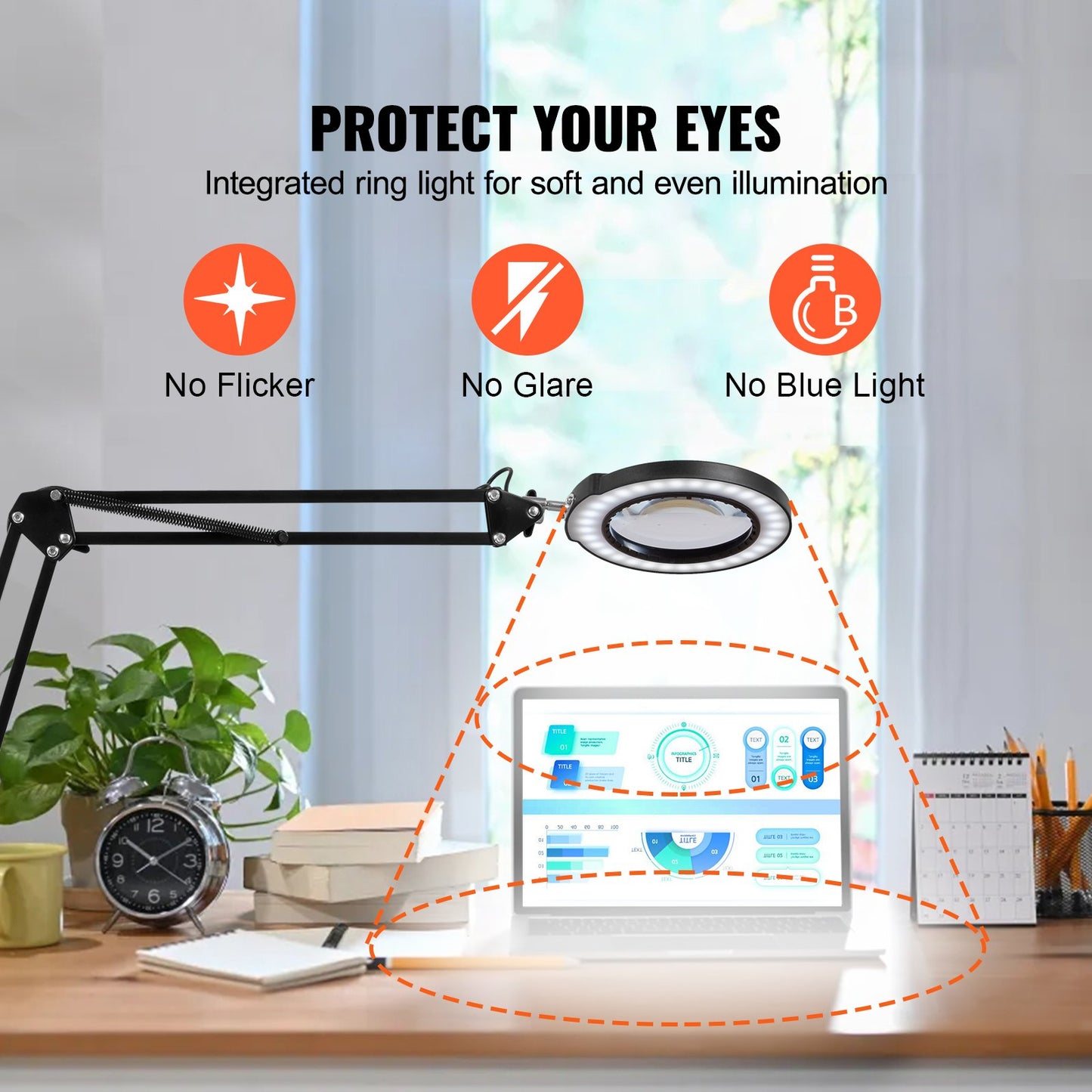VEVOR Magnifying Glass with Light and Stand, 5X Magnifying Lamp, 4.3" Glass Lens,