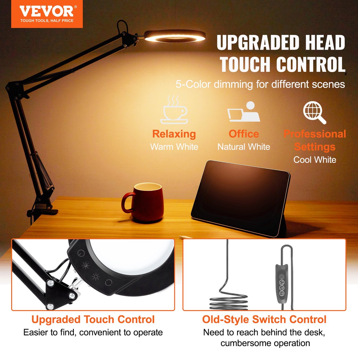 VEVOR Magnifying Glass with Light and Stand, 5X Magnifying Lamp, 4.3" Glass Lens,