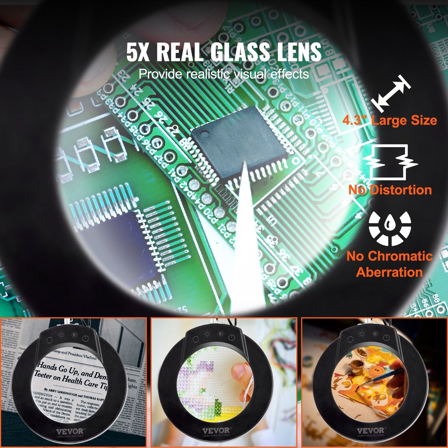 Magnifying Lamp with Stand, 5X, 110 mm Glass Lens, 64 LED Lights, 5 Color Modes