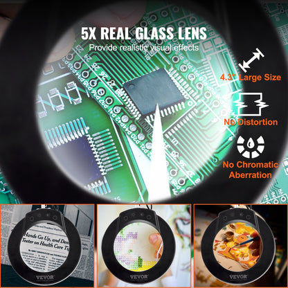VEVOR Magnifying Glass with Light and Stand, 5X Magnifying Lamp, 4.3" Glass Lens,