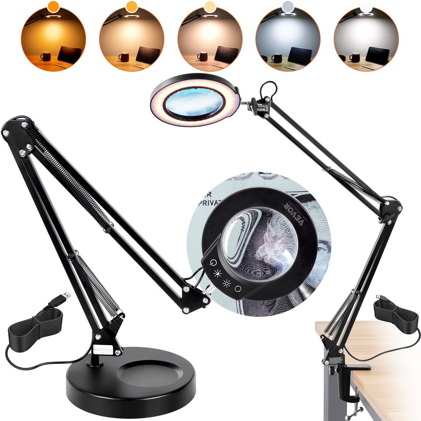 VEVOR Magnifying Glass with Light and Stand, 5X Magnifying Lamp, 4.3" Glass Lens,
