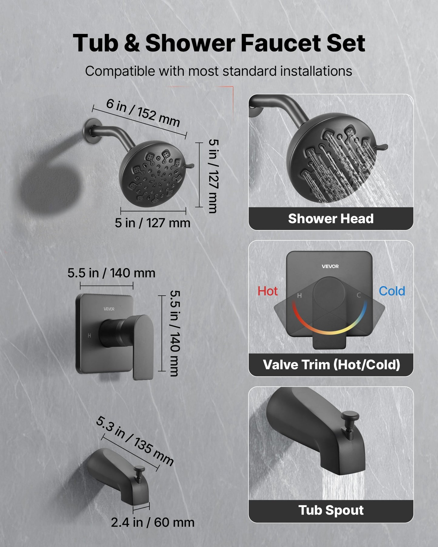 Tub and Shower Faucet Set, 127 mm Rainfall Shower Head and Bathtub Spout, Complete Single-Handle Tub Trim Kit with Brass Pressure Balancing Valve, 8-Setting Adjustable Spray Modes, Matte Black