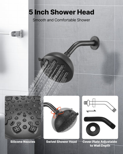 Tub and Shower Faucet Set, 127 mm Rainfall Shower Head and Bathtub Spout, Complete Single-Handle Tub Trim Kit with Brass Pressure Balancing Valve, 8-Setting Adjustable Spray Modes, Matte Black