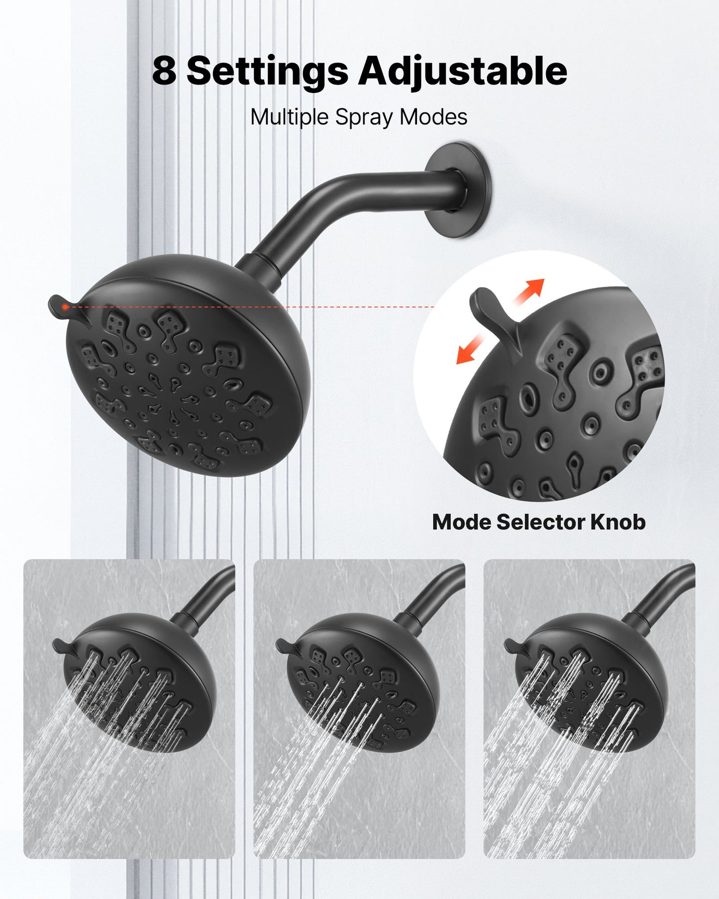 Tub and Shower Faucet Set, 127 mm Rainfall Shower Head and Bathtub Spout, Complete Single-Handle Tub Trim Kit with Brass Pressure Balancing Valve, 8-Setting Adjustable Spray Modes, Matte Black