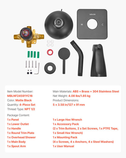 Tub and Shower Faucet Set, 127 mm Rainfall Shower Head and Bathtub Spout, Complete Single-Handle Tub Trim Kit with Brass Pressure Balancing Valve, 8-Setting Adjustable Spray Modes, Matte Black