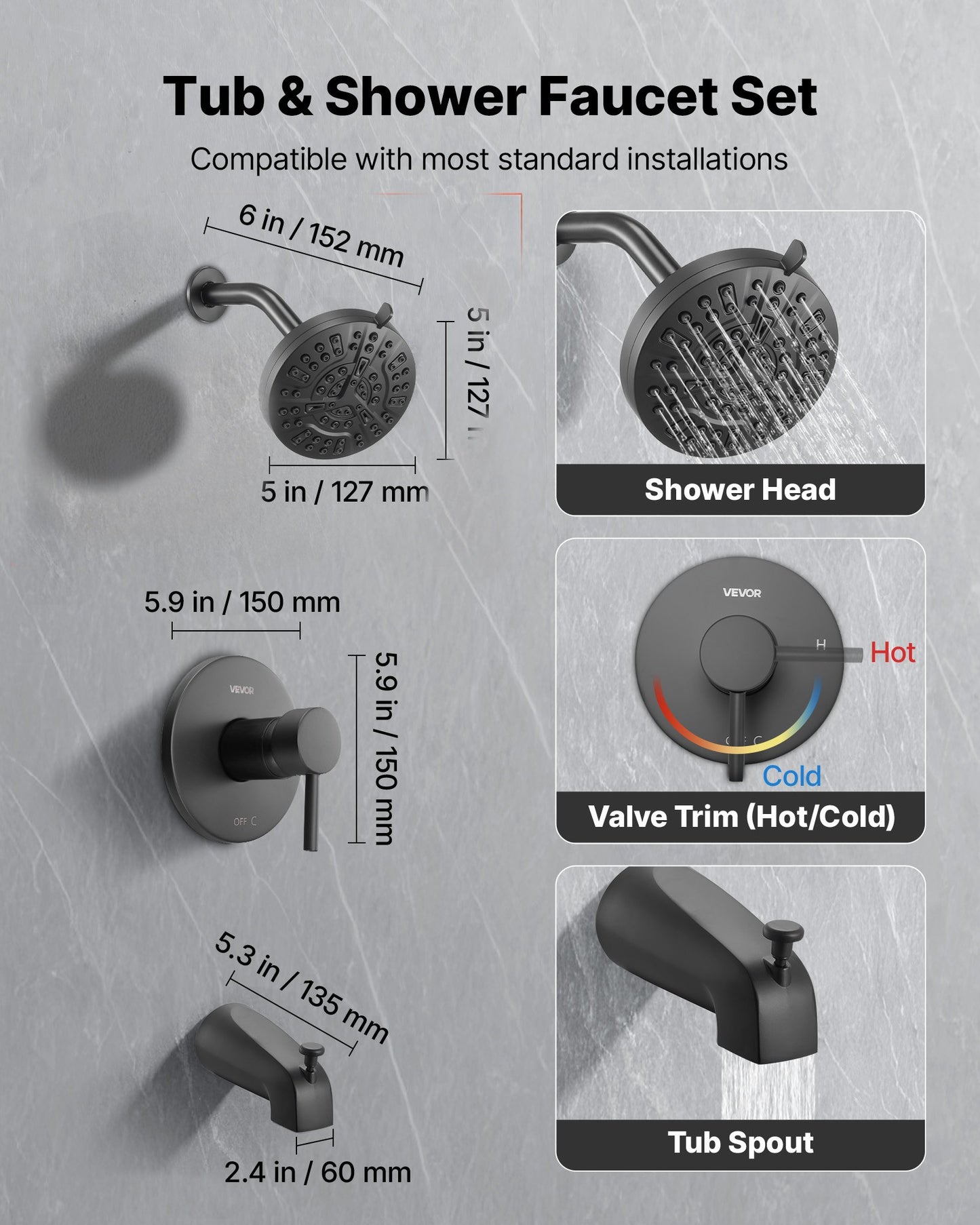 Tub and Shower Faucet Set, Complete with 127 mm Rainfall Shower Head and Bathtub Spout, 8-Setting Adjustable Spray, Single-Handle Tub Trim Kit with Brass Pressure Balancing Valve, Matte Black