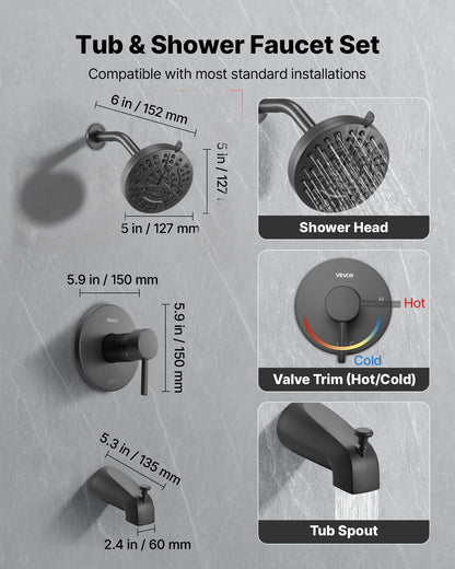 Tub and Shower Faucet Set, Complete with 127 mm Rainfall Shower Head and Bathtub Spout, 8-Setting Adjustable Spray, Single-Handle Tub Trim Kit with Brass Pressure Balancing Valve, Matte Black