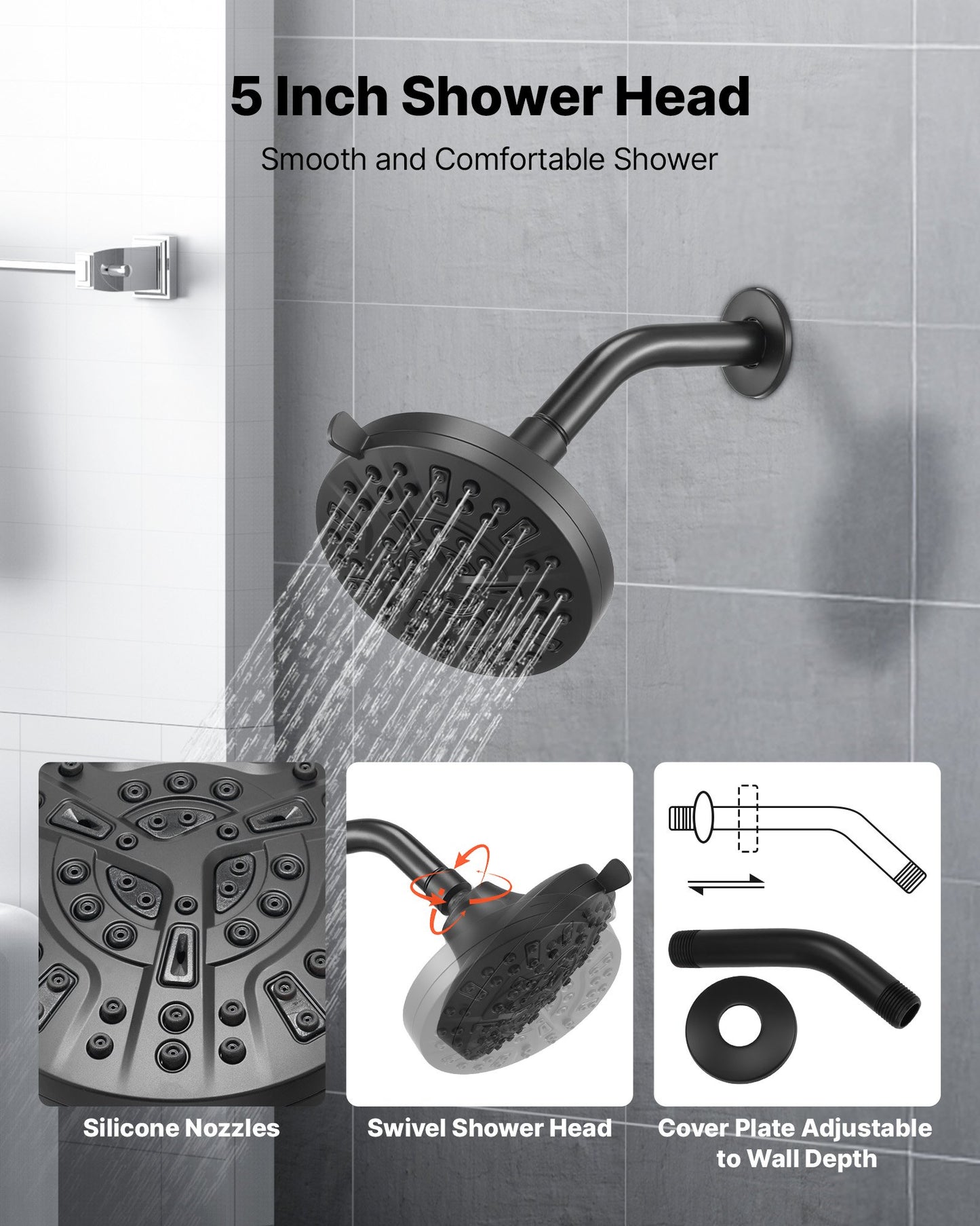 Tub and Shower Faucet Set, Complete with 127 mm Rainfall Shower Head and Bathtub Spout, 8-Setting Adjustable Spray, Single-Handle Tub Trim Kit with Brass Pressure Balancing Valve, Matte Black