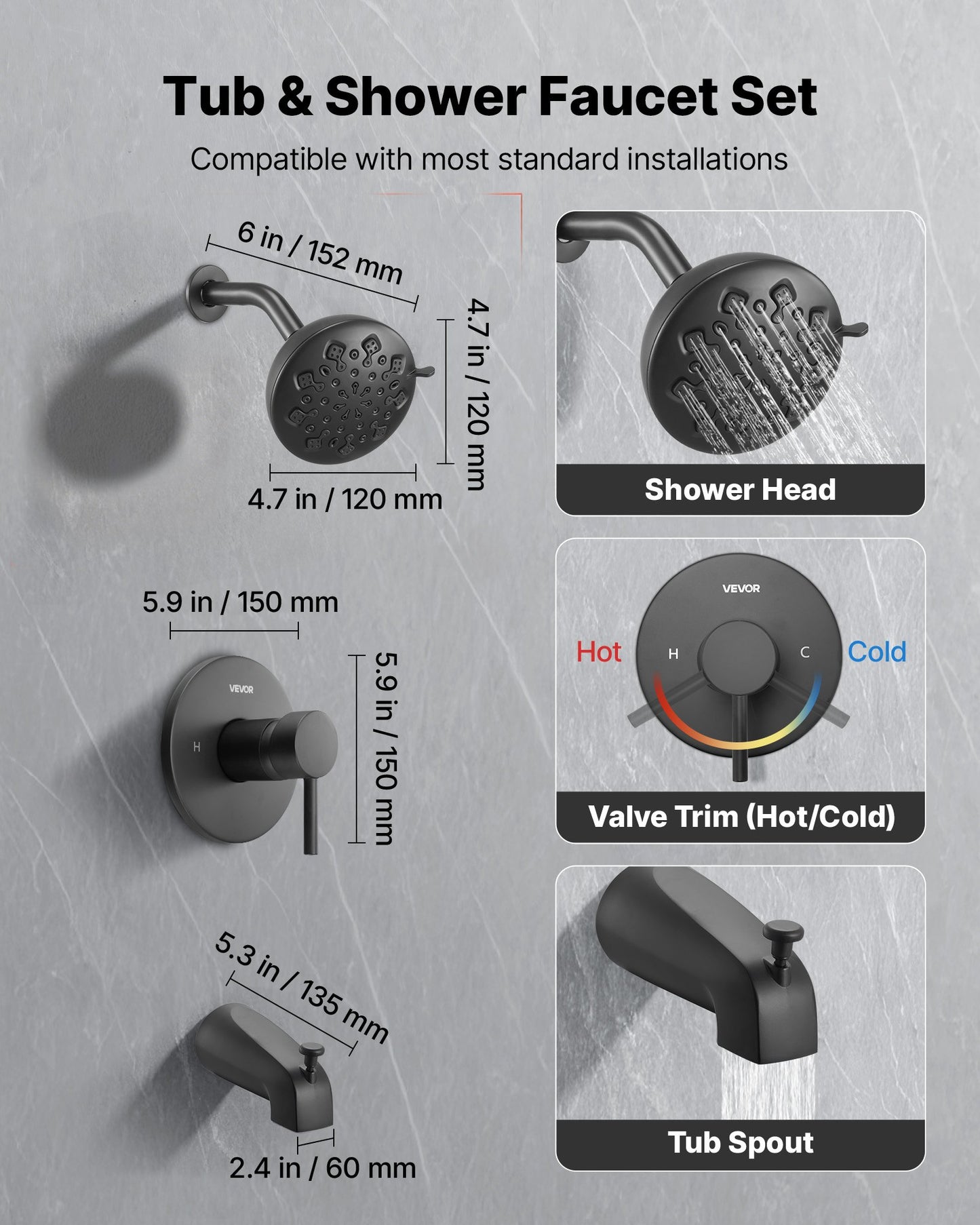 Tub and Shower Faucet Set, Complete with 120 mm Rainfall Shower Head and Bathtub Spout, 9-Setting Adjustable Spray, Single-Handle Tub Trim Kit with Brass Pressure Balancing Valve, Matte Black
