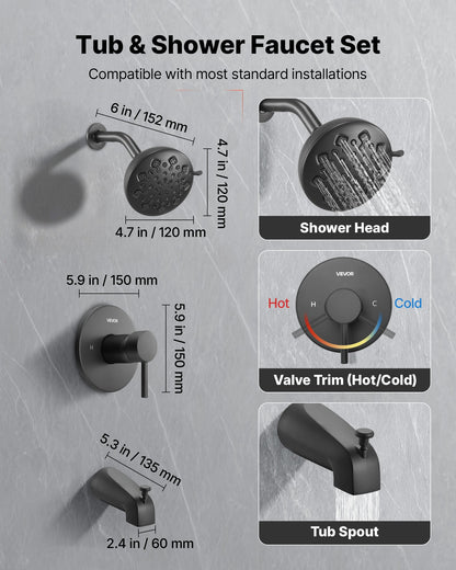 Tub and Shower Faucet Set, Complete with 120 mm Rainfall Shower Head and Bathtub Spout, 9-Setting Adjustable Spray, Single-Handle Tub Trim Kit with Brass Pressure Balancing Valve, Matte Black