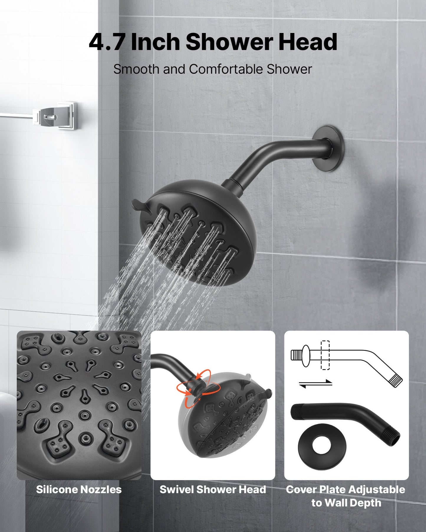 Tub and Shower Faucet Set, Complete with 120 mm Rainfall Shower Head and Bathtub Spout, 9-Setting Adjustable Spray, Single-Handle Tub Trim Kit with Brass Pressure Balancing Valve, Matte Black