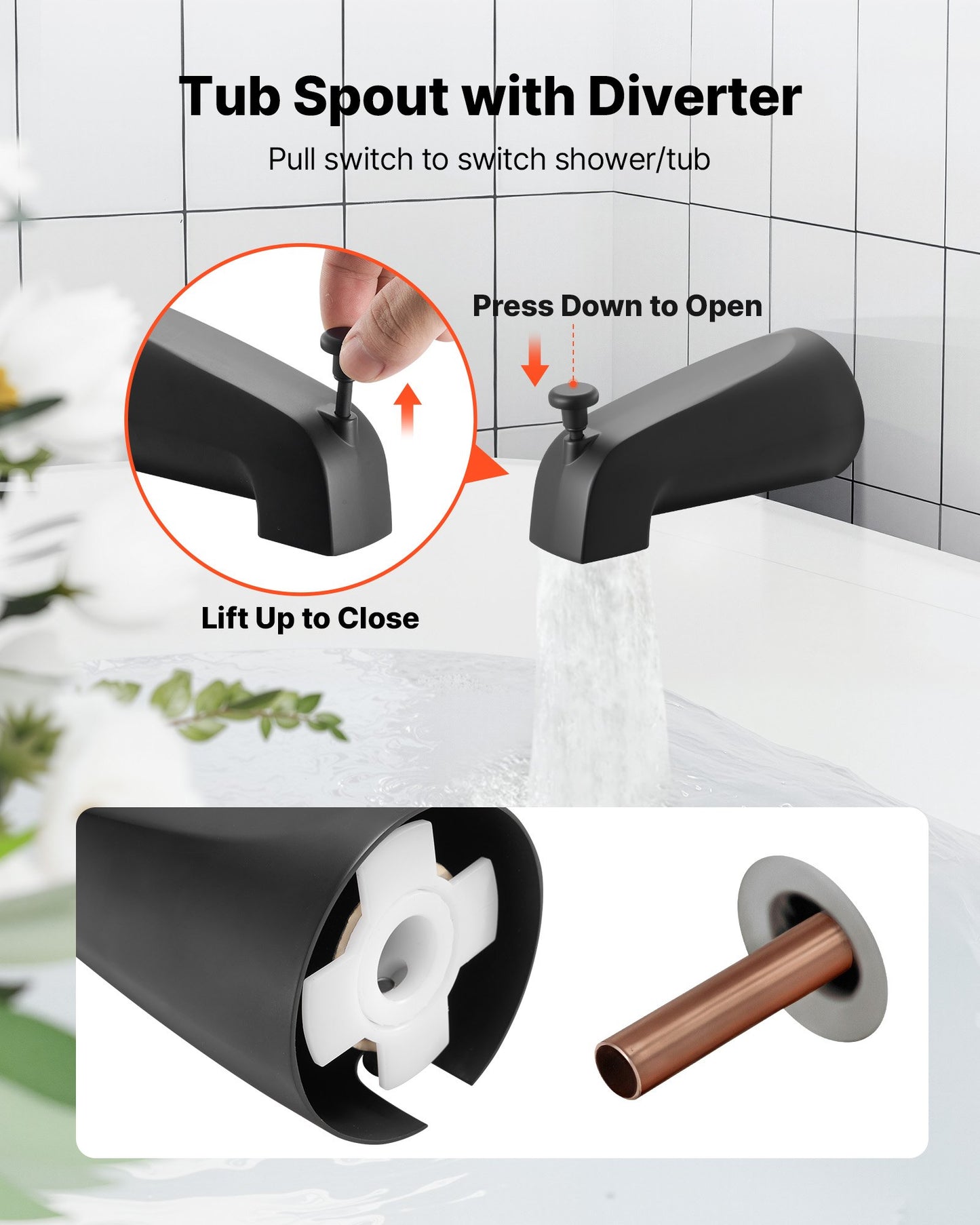 Tub and Shower Faucet Set, Complete with 120 mm Rainfall Shower Head and Bathtub Spout, 9-Setting Adjustable Spray, Single-Handle Tub Trim Kit with Brass Pressure Balancing Valve, Matte Black