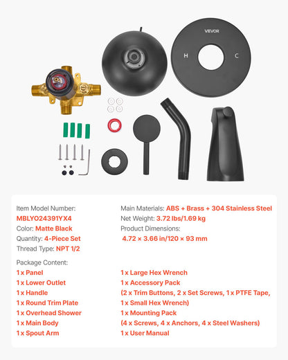 Tub and Shower Faucet Set, Complete with 120 mm Rainfall Shower Head and Bathtub Spout, 9-Setting Adjustable Spray, Single-Handle Tub Trim Kit with Brass Pressure Balancing Valve, Matte Black