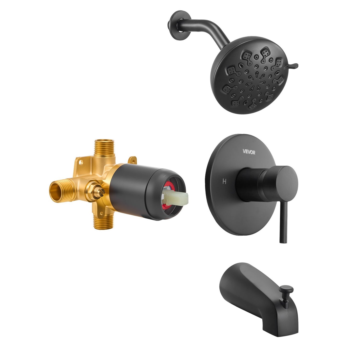 Tub and Shower Faucet Set, Complete with 120 mm Rainfall Shower Head and Bathtub Spout, 9-Setting Adjustable Spray, Single-Handle Tub Trim Kit with Brass Pressure Balancing Valve, Matte Black
