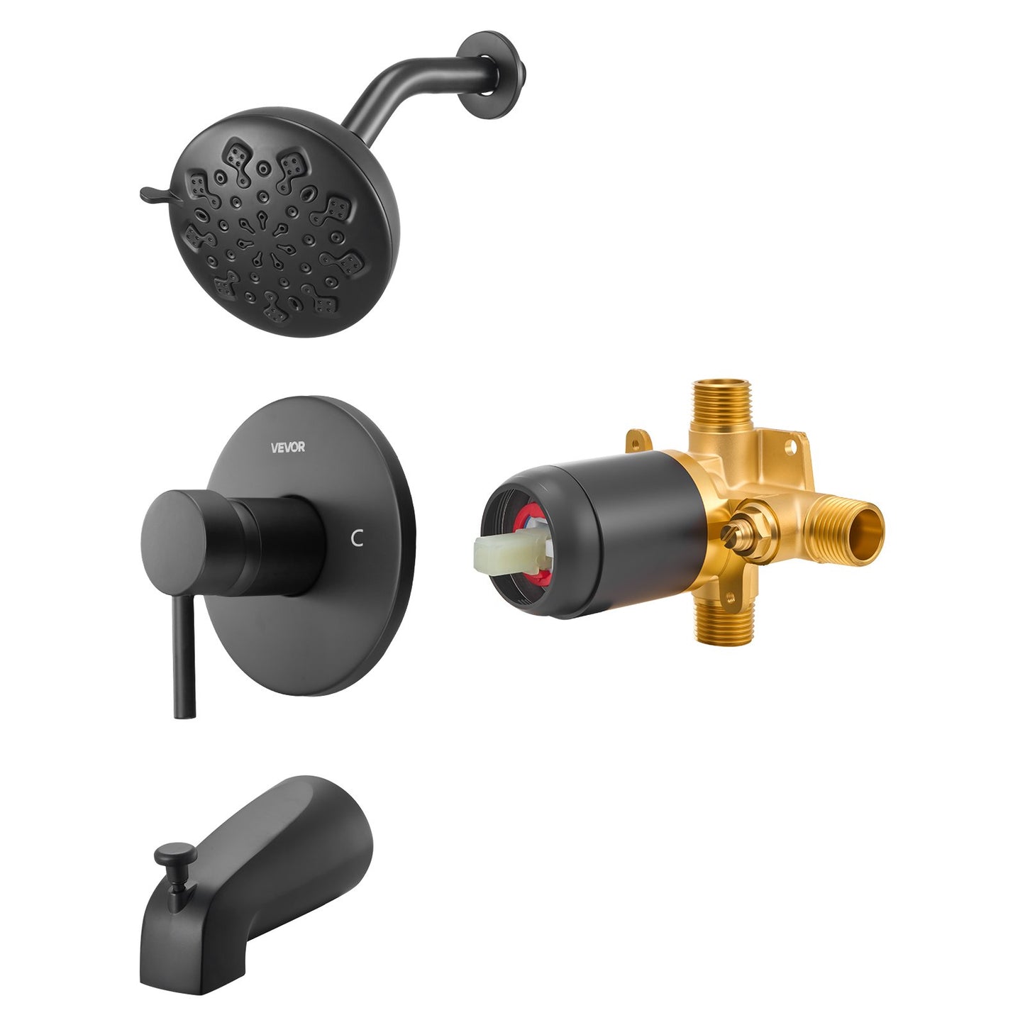 Tub and Shower Faucet Set, Complete with 120 mm Rainfall Shower Head and Bathtub Spout, 9-Setting Adjustable Spray, Single-Handle Tub Trim Kit with Brass Pressure Balancing Valve, Matte Black