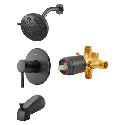 Tub and Shower Faucet Set, Complete with 120 mm Rainfall Shower Head and Bathtub Spout, 9-Setting Adjustable Spray, Single-Handle Tub Trim Kit with Brass Pressure Balancing Valve, Matte Black