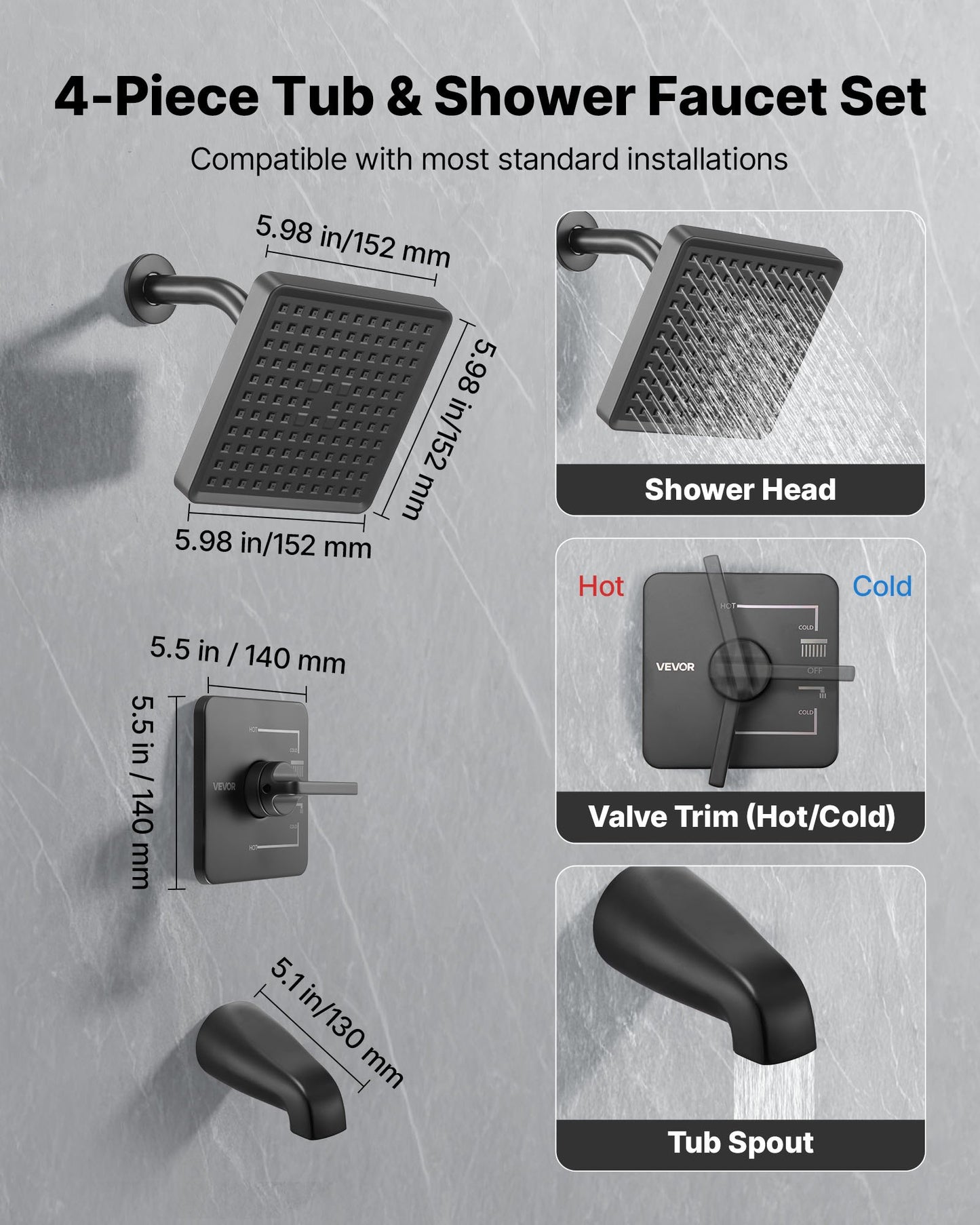 Tub and Shower Faucet Set, Complete with 153 mm Rainfall Shower Head and Bathtub Spout, Single-Spray Single-Handle Tub Trim Kit with 304 Stainless Steel Valve Trim for Bathrooms, Matte Black
