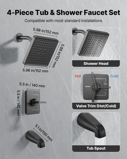 Tub and Shower Faucet Set, Complete with 153 mm Rainfall Shower Head and Bathtub Spout, Single-Spray Single-Handle Tub Trim Kit with 304 Stainless Steel Valve Trim for Bathrooms, Matte Black