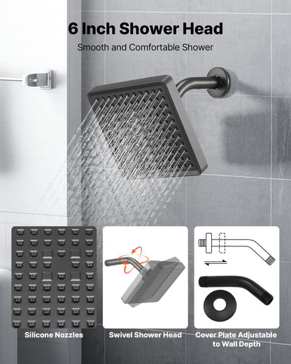 Tub and Shower Faucet Set, Complete with 153 mm Rainfall Shower Head and Bathtub Spout, Single-Spray Single-Handle Tub Trim Kit with 304 Stainless Steel Valve Trim for Bathrooms, Matte Black