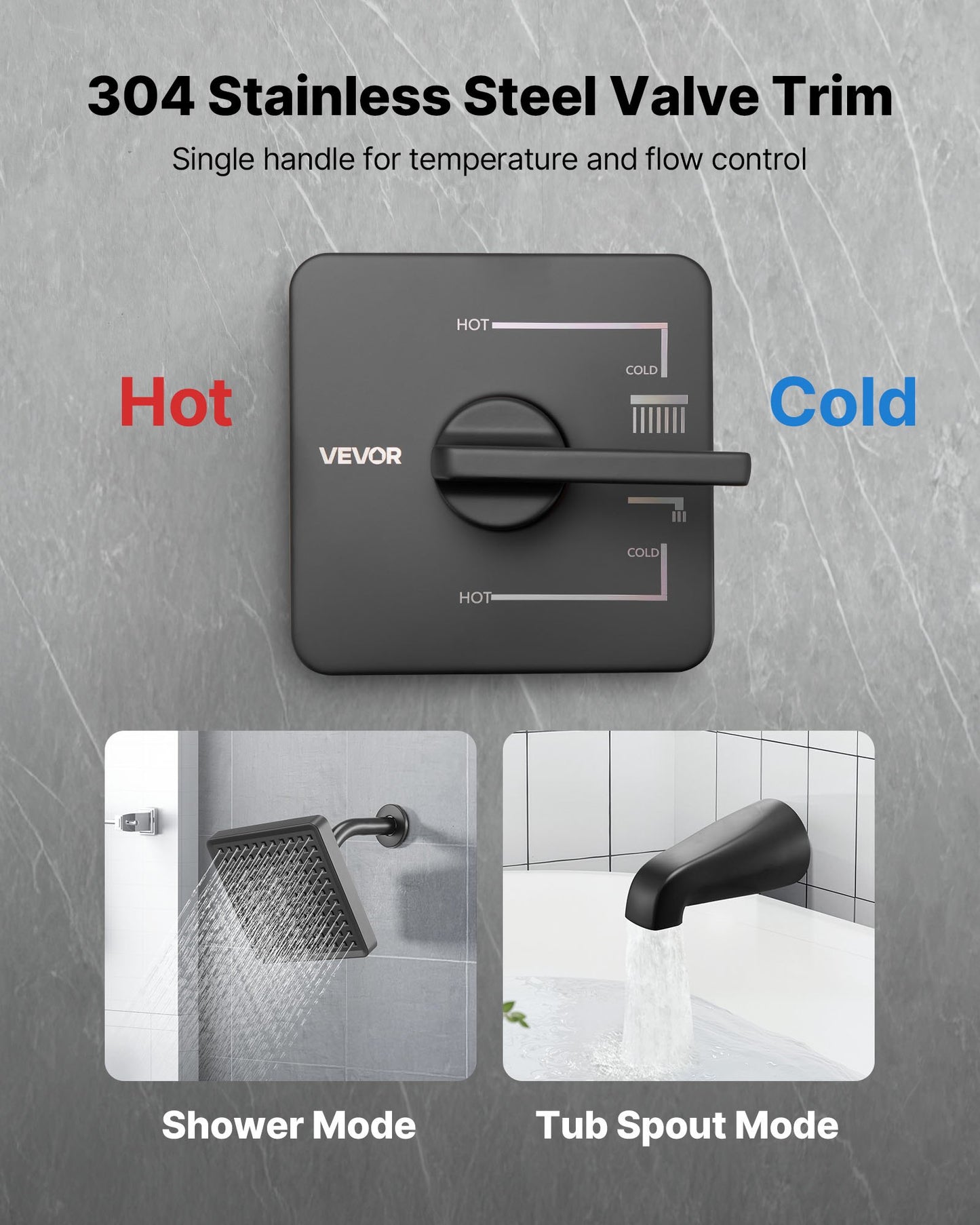 Tub and Shower Faucet Set, Complete with 153 mm Rainfall Shower Head and Bathtub Spout, Single-Spray Single-Handle Tub Trim Kit with 304 Stainless Steel Valve Trim for Bathrooms, Matte Black