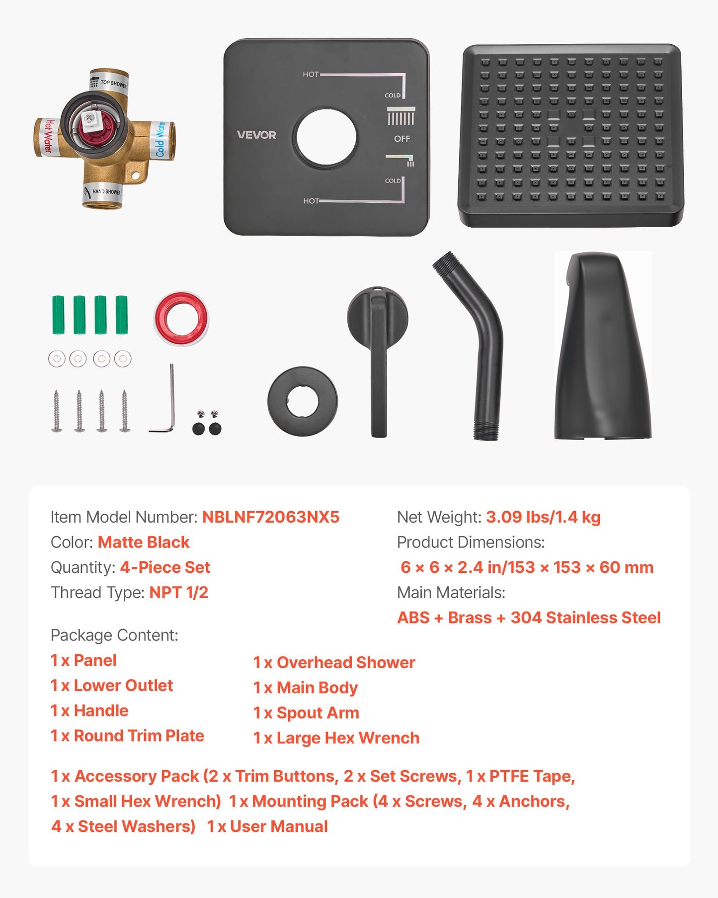 Tub and Shower Faucet Set, Complete with 153 mm Rainfall Shower Head and Bathtub Spout, Single-Spray Single-Handle Tub Trim Kit with 304 Stainless Steel Valve Trim for Bathrooms, Matte Black