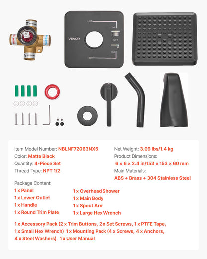 Tub and Shower Faucet Set, Complete with 153 mm Rainfall Shower Head and Bathtub Spout, Single-Spray Single-Handle Tub Trim Kit with 304 Stainless Steel Valve Trim for Bathrooms, Matte Black