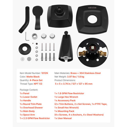 Tub and Shower Faucet Set Bathtub Faucet Package Valve 5 Setting Black