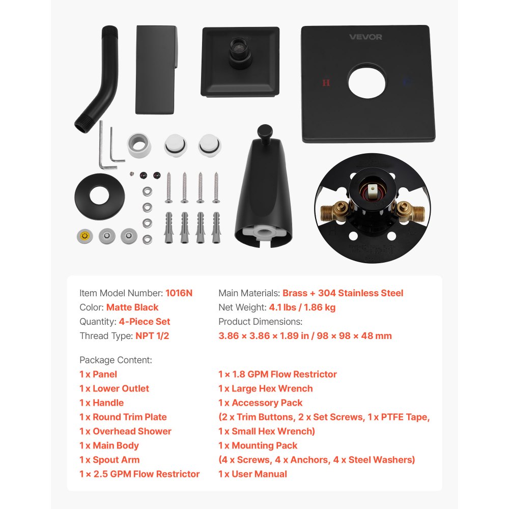 Tub and Shower Faucet Set Bathtub Faucet Package with Valve 101.6 mm Black