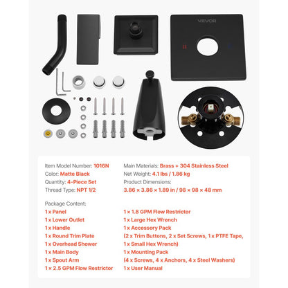 Tub and Shower Faucet Set Bathtub Faucet Package with Valve 101.6 mm Black