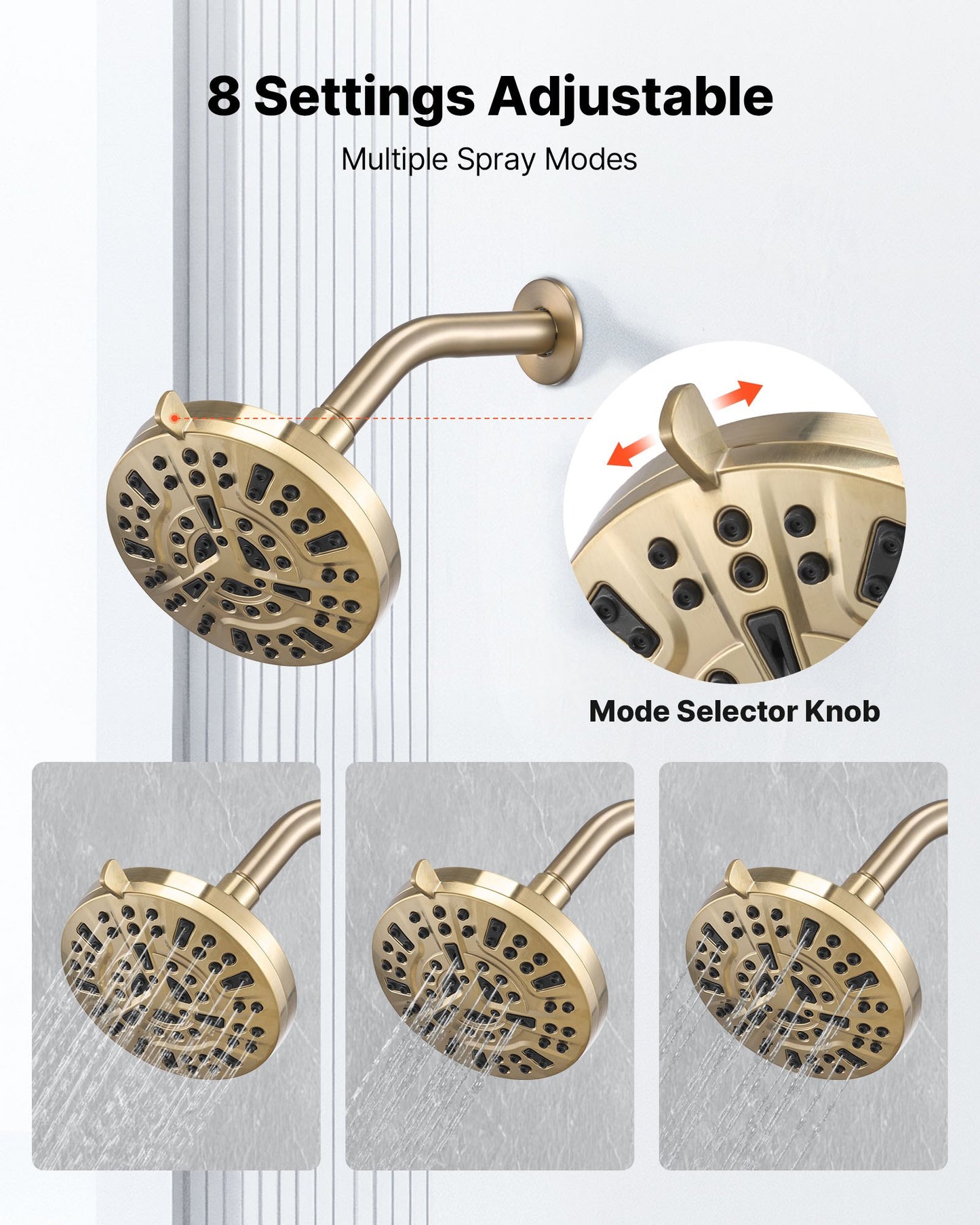 Tub and Shower Faucet Set, Complete with 127 mm Rainfall Shower Head and Bathtub Spout, 8-Setting Adjustable Spray, Single-Handle Tub Trim Kit with Brass Pressure Balancing Valve, Gold Finish