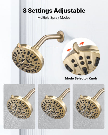 Tub and Shower Faucet Set, Complete with 127 mm Rainfall Shower Head and Bathtub Spout, 8-Setting Adjustable Spray, Single-Handle Tub Trim Kit with Brass Pressure Balancing Valve, Gold Finish