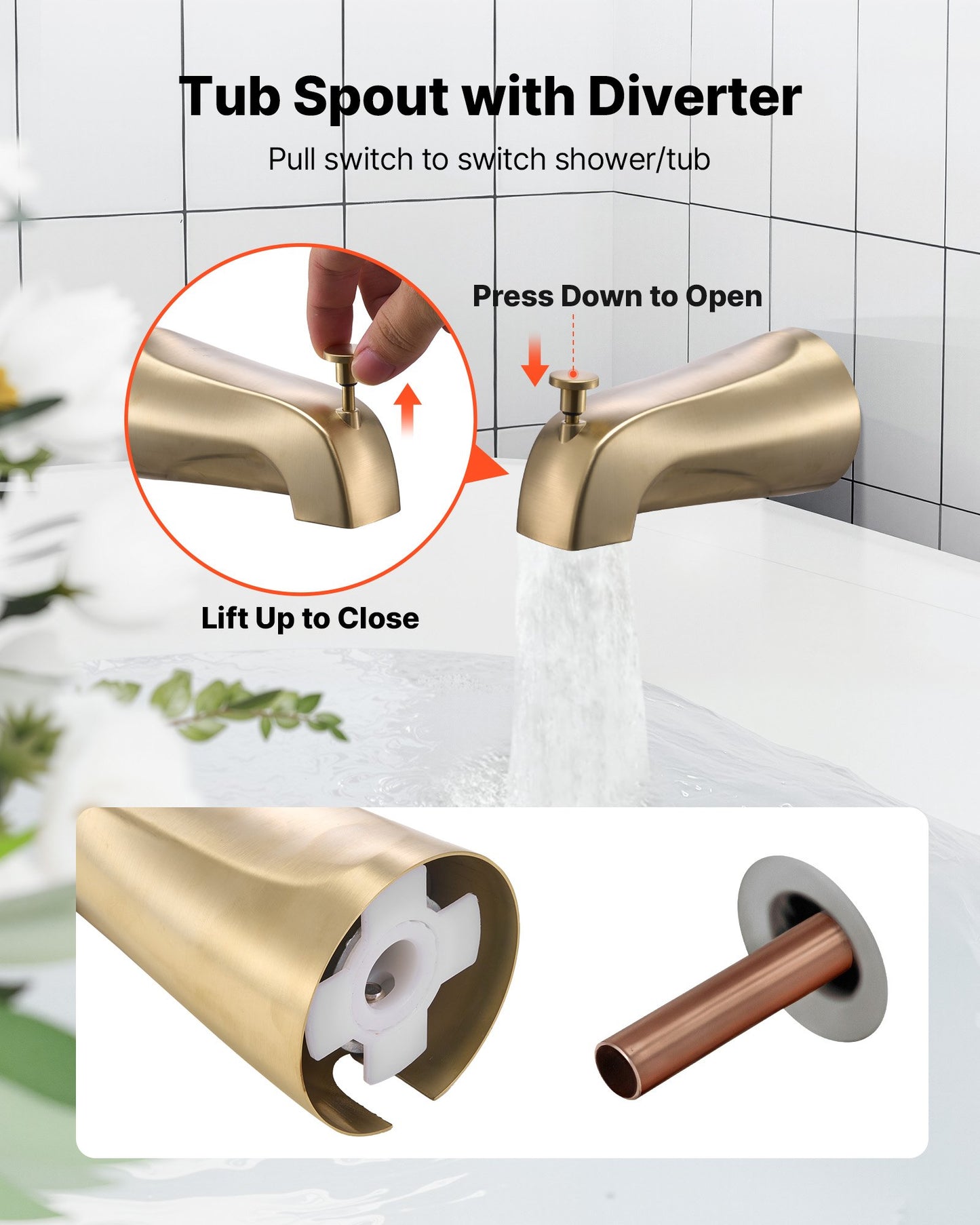 Tub and Shower Faucet Set, Complete with 127 mm Rainfall Shower Head and Bathtub Spout, 8-Setting Adjustable Spray, Single-Handle Tub Trim Kit with Brass Pressure Balancing Valve, Gold Finish