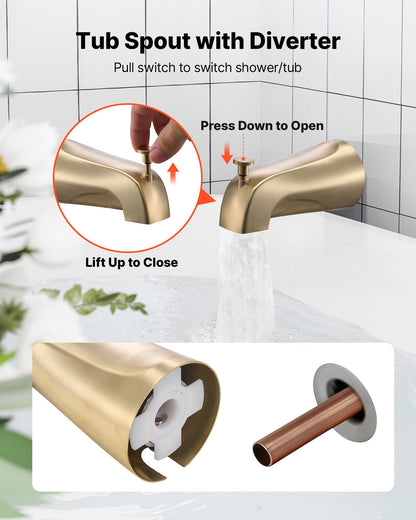 Tub and Shower Faucet Set, Complete with 127 mm Rainfall Shower Head and Bathtub Spout, 8-Setting Adjustable Spray, Single-Handle Tub Trim Kit with Brass Pressure Balancing Valve, Gold Finish
