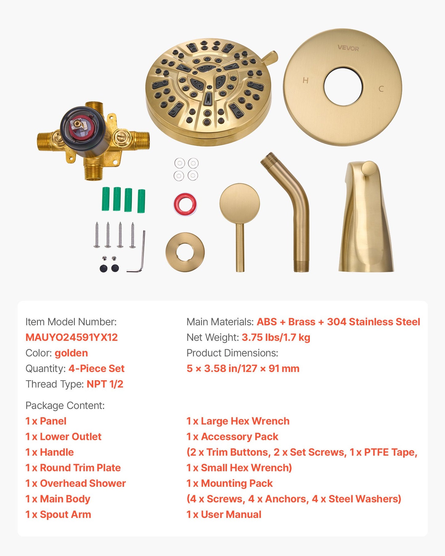 Tub and Shower Faucet Set, Complete with 127 mm Rainfall Shower Head and Bathtub Spout, 8-Setting Adjustable Spray, Single-Handle Tub Trim Kit with Brass Pressure Balancing Valve, Gold Finish