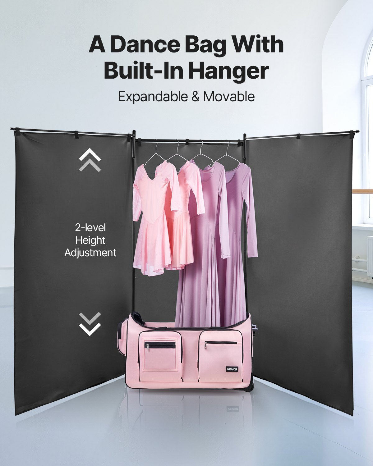 Dance Bag with Garment Rack, 736.6 mm Rolling Dance Duffel, with Wheels, USB Port, Height Adjustable Clothes Rack, Privacy Protection Curtain, Ideal for Travel and Competitions, Matte Pink
