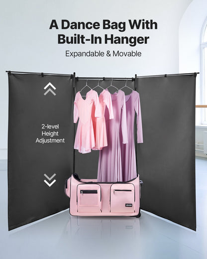 Dance Bag with Garment Rack, 736.6 mm Rolling Dance Duffel, with Wheels, USB Port, Height Adjustable Clothes Rack, Privacy Protection Curtain, Ideal for Travel and Competitions, Matte Pink