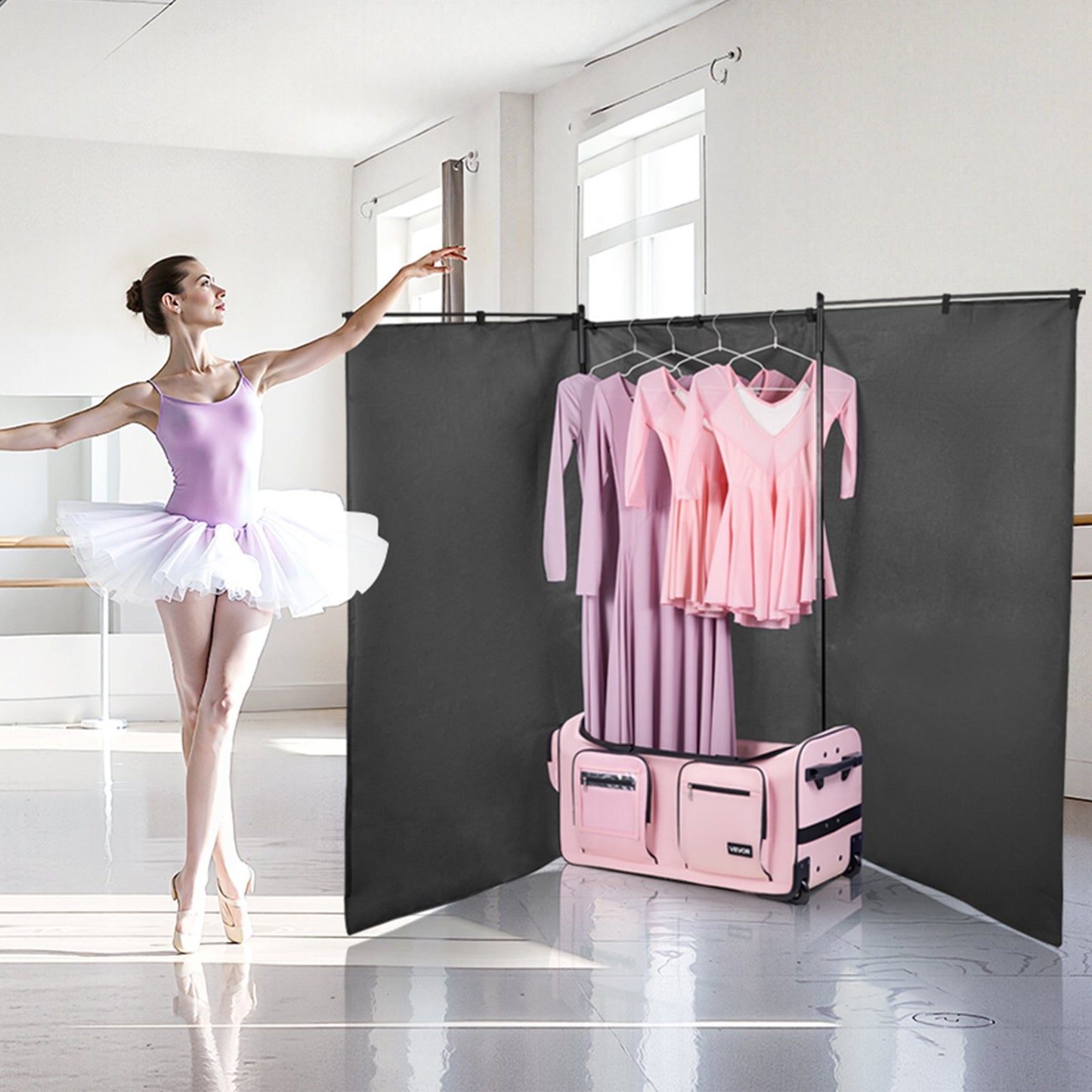 Dance Bag with Garment Rack, 736.6 mm Rolling Dance Duffel, with Wheels, USB Port, Height Adjustable Clothes Rack, Privacy Protection Curtain, Ideal for Travel and Competitions, Matte Pink