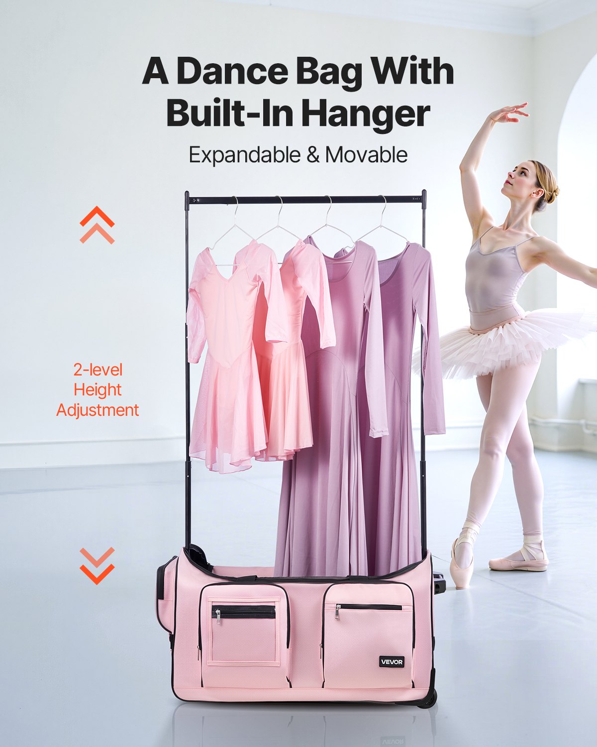 Dance Bag with Garment Rack, 736.6 mm Rolling Dance Duffel, with Wheels, Height Adjustable Clothes Rack, USB Port, Privacy Protection Curtain, Ideal for Travel and Competitions, Matte Pink
