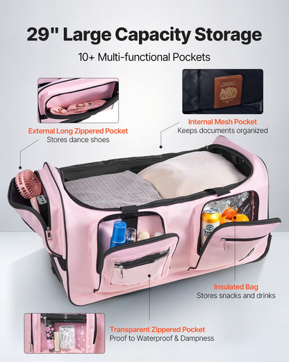 Dance Bag with Garment Rack, 736.6 mm Rolling Dance Duffel, with Wheels, Height Adjustable Clothes Rack, USB Port, Privacy Protection Curtain, Ideal for Travel and Competitions, Matte Pink