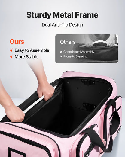 Dance Bag with Garment Rack, 736.6 mm Rolling Dance Duffel, with Wheels, Height Adjustable Clothes Rack, USB Port, Privacy Protection Curtain, Ideal for Travel and Competitions, Matte Pink