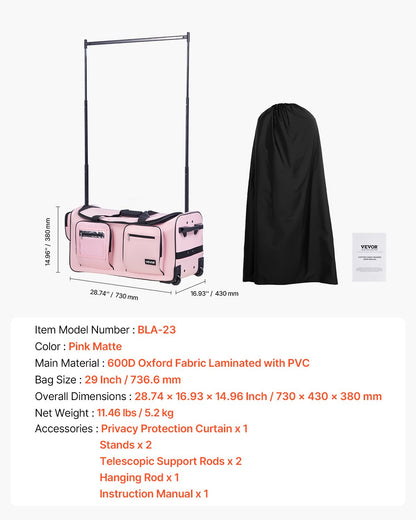 Dance Bag with Garment Rack, 736.6 mm Rolling Dance Duffel, with Wheels, Height Adjustable Clothes Rack, USB Port, Privacy Protection Curtain, Ideal for Travel and Competitions, Matte Pink